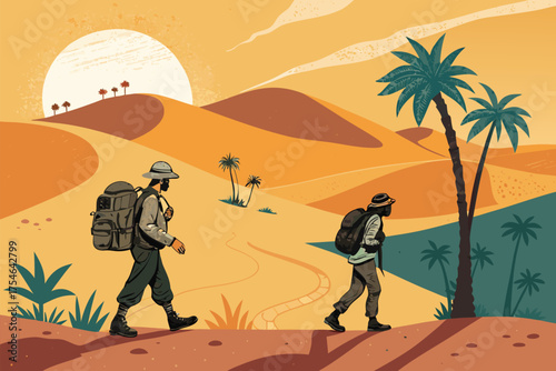 Desert hikers with backpacks cross dunes. in detailed view.