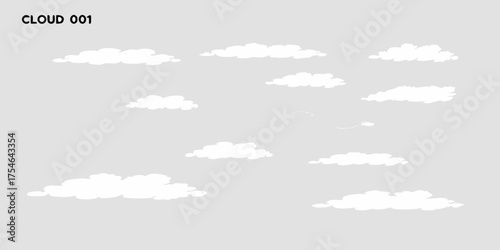 Collection of fluffy white cartoon clouds scattered across a light gray sky background