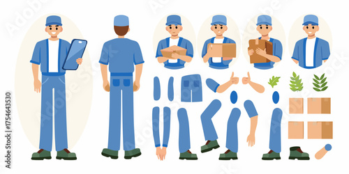 Delivery man character kit with various poses and parts for animation and design