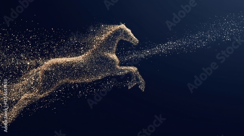 Golden sparkling horse running on dark background, abstract luxury motion design for 2026 Year of the Horse