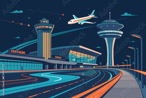 Modern airport terminal at night with airplane and control tower.