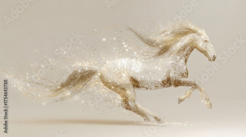 Golden running horse with sparkling particles on light background, luxury abstract design for 2026 Year of the Horse