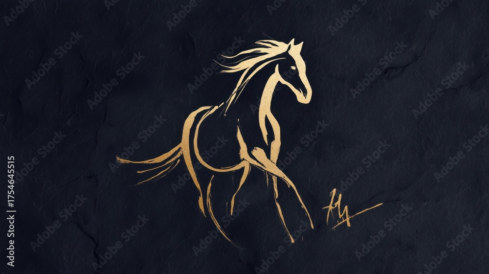 Fototapeta premium Elegant golden horse line art on dark background, minimalist luxury design for 2026 Year of the Horse