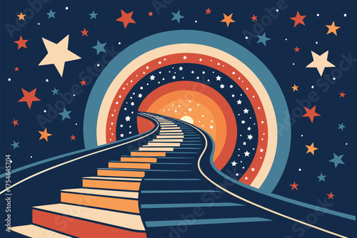 A colorful rainbow path with stars leads to a bright sunlit tunnel.