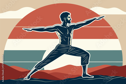 A man in warrior pose against a retro sunset and landscape.