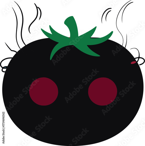 Dark tomato character with steam and curly hair black green