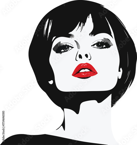 Vector art illustration of a beautiful woman with red hair and lips, featuring a stylish silhouette and glamorous eyes