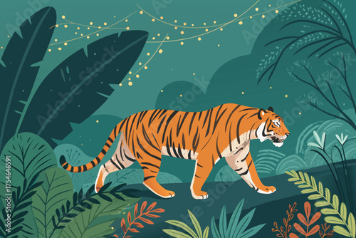 A tiger walks through a lush jungle with string lights overhead.