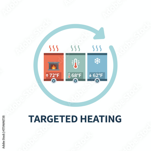 Vector 2D flat icon of room-by-room temperature control, targeted heating