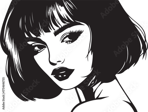 Long flowing black hair frames a beautiful woman's face, a fashion illustration of elegant style with striking lips and eyes