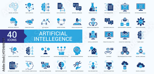 Artificial intellegence icon collection set flat blue
