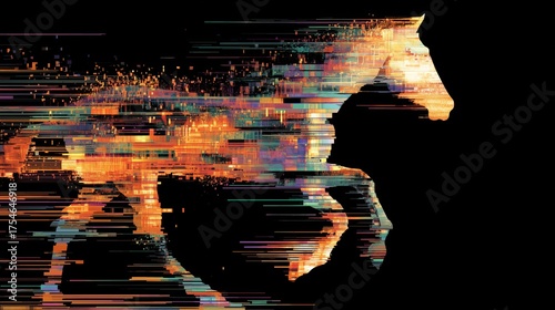 Abstract glitch horse made of digital light trails, futuristic motion illustration
