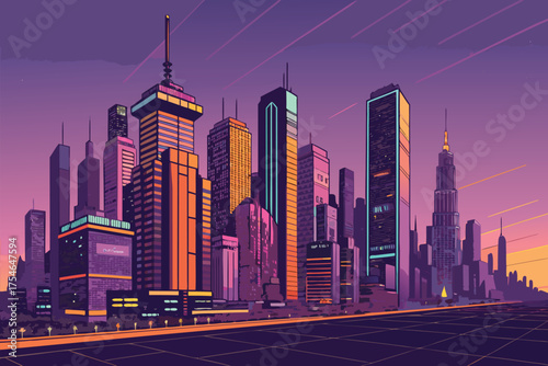 Retro synthwave cityscape at sunset with purple and orange hues.