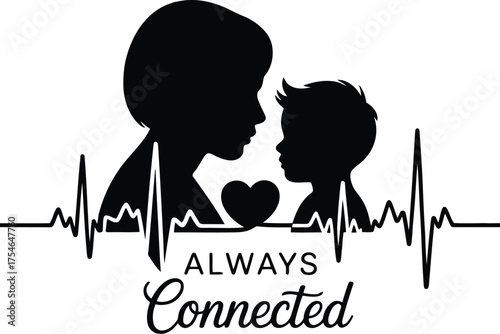 Mother child silhouette heart heartbeat connection vector