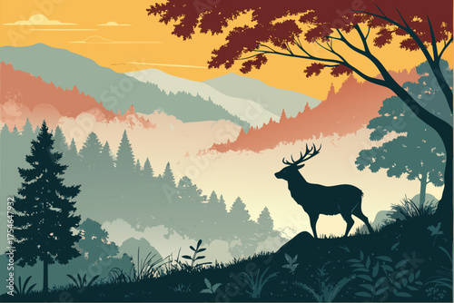 A majestic deer stands on a hill in a misty mountain landscape.