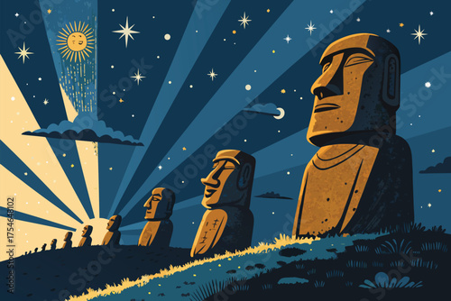 Moai statues bask in celestial light under a starry sky.