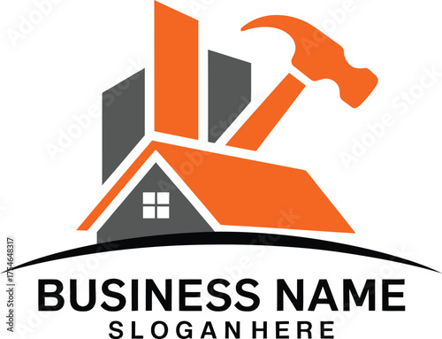 Hammer and house logo construction renovation real estate building services concept