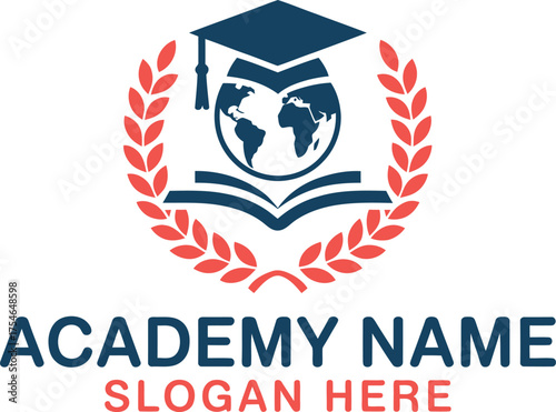 Academic emblem logo for education academy featuring globe open book and graduation cap