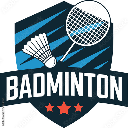 Dynamic badminton logo emblem with shuttlecock racquet and stars for sports teams