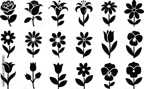 Collection of diverse silhouetted floral designs perfect for botanical art and decoration