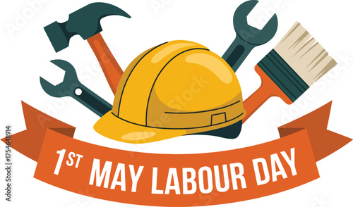 Labor day celebration with hard hat tools and ribbon 1st may holiday workers rights