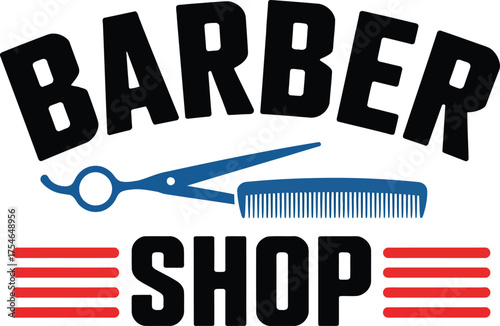 Barber shop emblem featuring scissors comb and red stripes retro style logo design