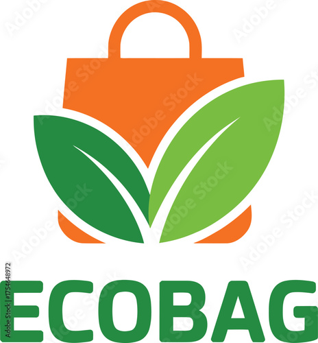 Eco bag logo design with green leaves and orange shopping bag symbolizing sustainability and nature
