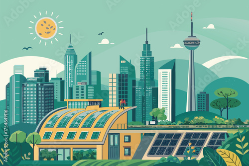 Modern city skyline with eco friendly buildings and solar panels on the roof.