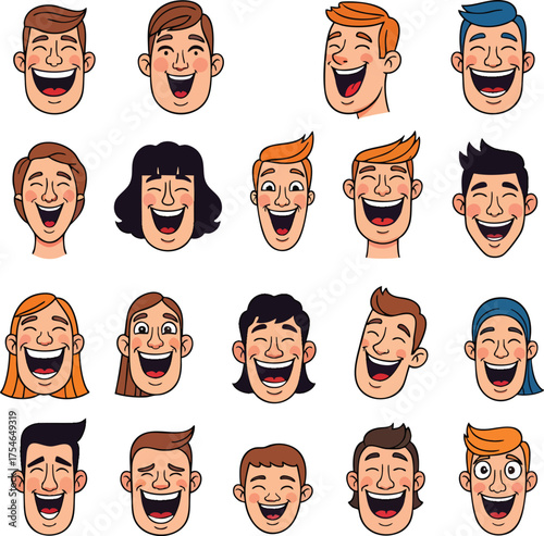 A diverse collection of cartoon men and womens faces laughing joyfully.