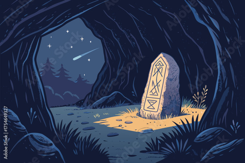 Mysterious runestone glows within a dark cave entrance at night.