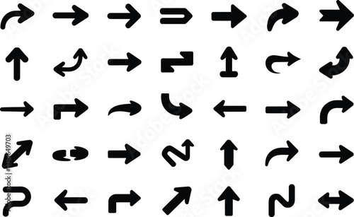 Collection of diverse black arrows pointing in multiple directions and styles for design
