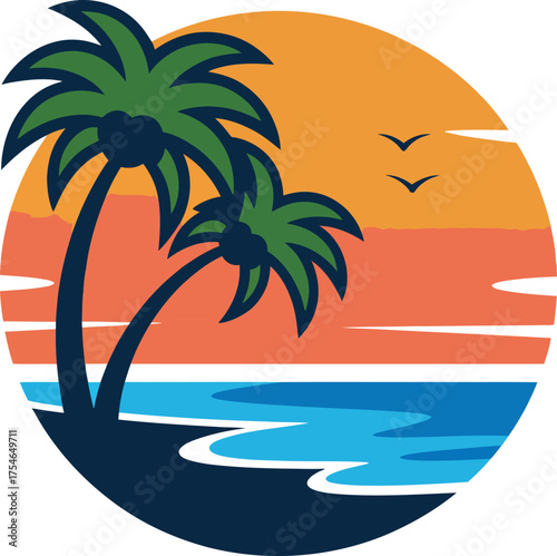 Tropical sunset beach scene with palm trees and ocean waves