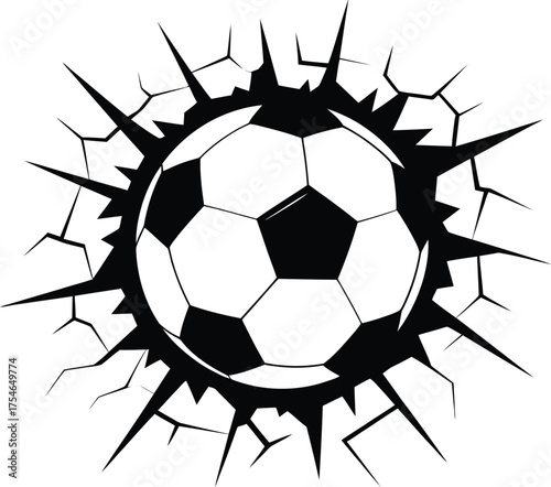 Exploding soccer ball design dynamic impact sport bursting through wall graphic