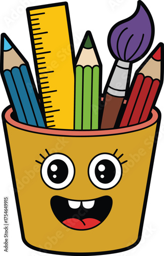 Cute cartoon pencil holder filled with art supplies and happy face design