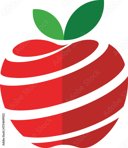 Stylized red apple with swirling white lines and green leaves logo design