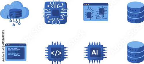 Minimalist blue flat design icons representing AI, cloud computing, programming, and databases. Great for illustrating tech services, data management, and innovation themes.