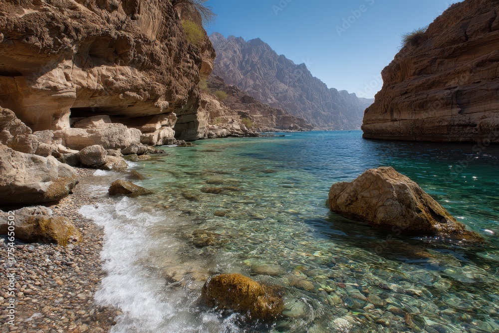Fototapeta premium Wadi Mujib: Breathtaking Landscape of Cliffs and Water Pooling at the Coastline