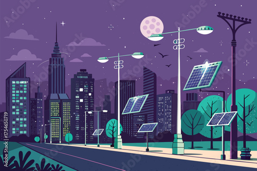 Modern city skyline at night illuminated by streetlights and solar panels.
