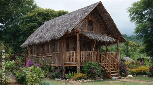 Charming Bahay Kubo: A Rustic Wooden Cabin Embraced by Nature in a Serene Village Setting