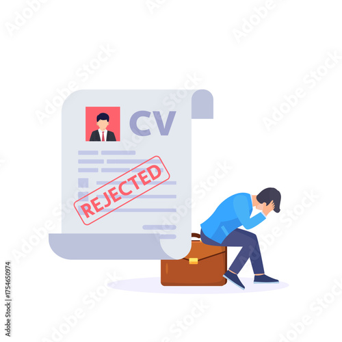 Frustrated businessman with reject stamp on the stack of paper sheets, refusal to grant a loan or job, blank or cv resume with stamp-rejected