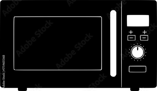 A black silhouette of a modern kitchen microwave oven with two circular buttons and a small rectangular button isolated on white background
