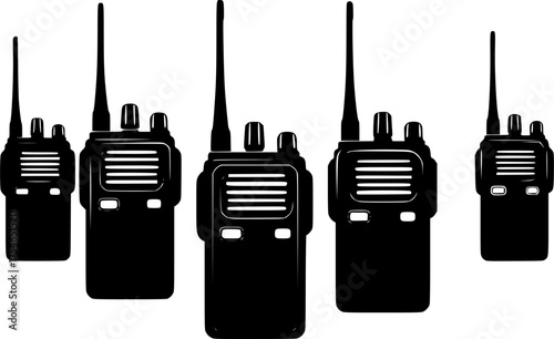 Five black walkie talkie radio communication devices shown in silhouette against a white background
