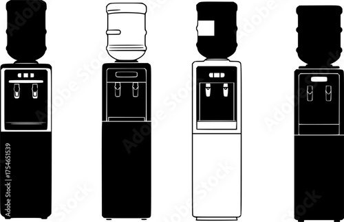Collection of four distinct water cooler dispenser silhouettes on a white background
