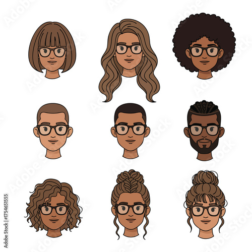 A diverse collection of illustrated cartoon character faces men and women with various hairstyles and glasses.