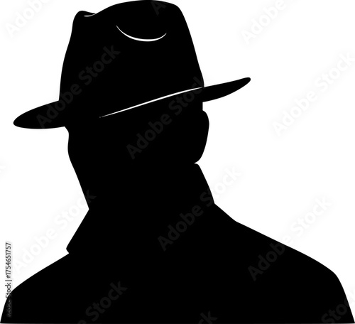 Mysterious Figure in Fedora: A stark black and white silhouette of a man in a fedora, symbolizing mystery, intrigue, and anonymity. The image is simple ye