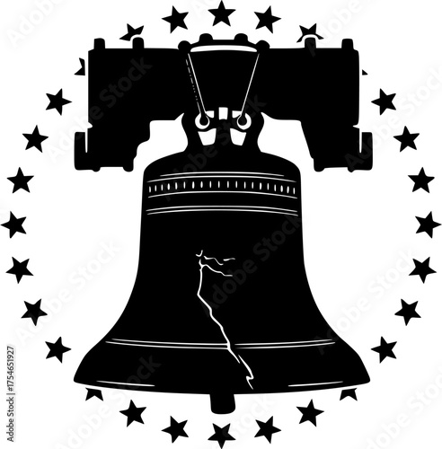Liberty bell surrounded stars decorative element silhouette vector illustration
