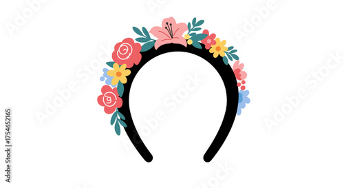 Floral Headband with Pink Lily and Roses Illustration.