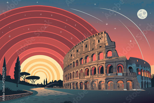 Colosseum at sunset with a crescent moon and starry sky.