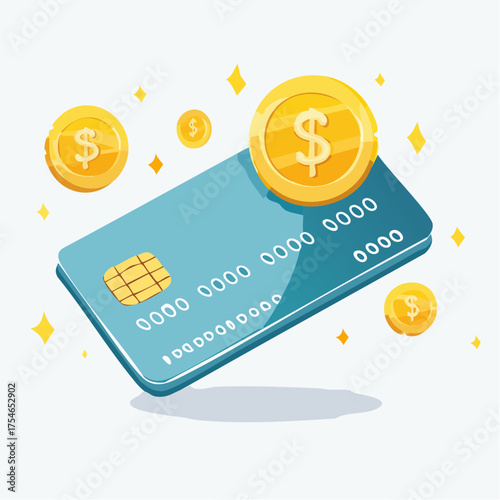 Illustrative depiction of a credit card with floating coins representing digital financial transactions