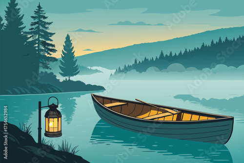 Tranquil lake scene with a boat and a lantern at dawn.